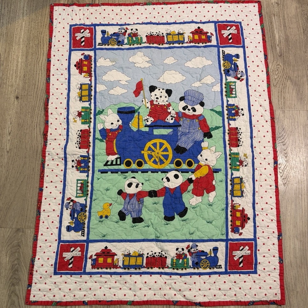 Vintage Panda Trains Dalmatian Bunny Friend Quilted Baby Blanket 31x41 Retro